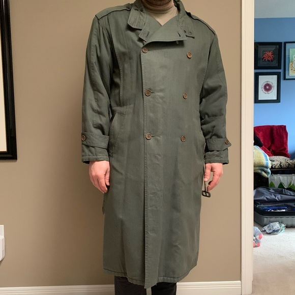 Vintage Italian Olive Green Cotton Herringbone Trench Coat Wool Lined - Picture 3 of 12